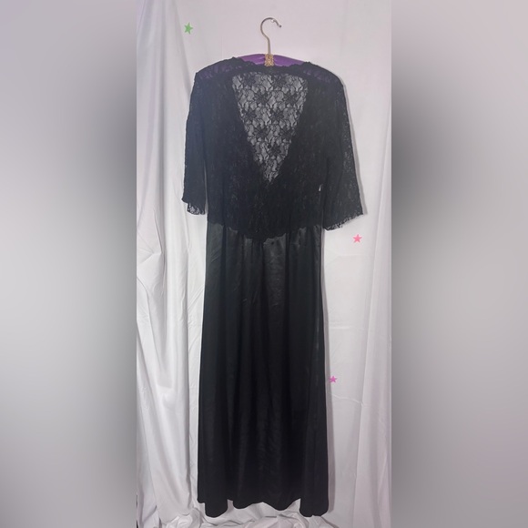 Black Lace Satin Whimsigoth Maxi Length Open Front Bowtie 3/4 Sleeve Robe Size M - Picture 2 of 14